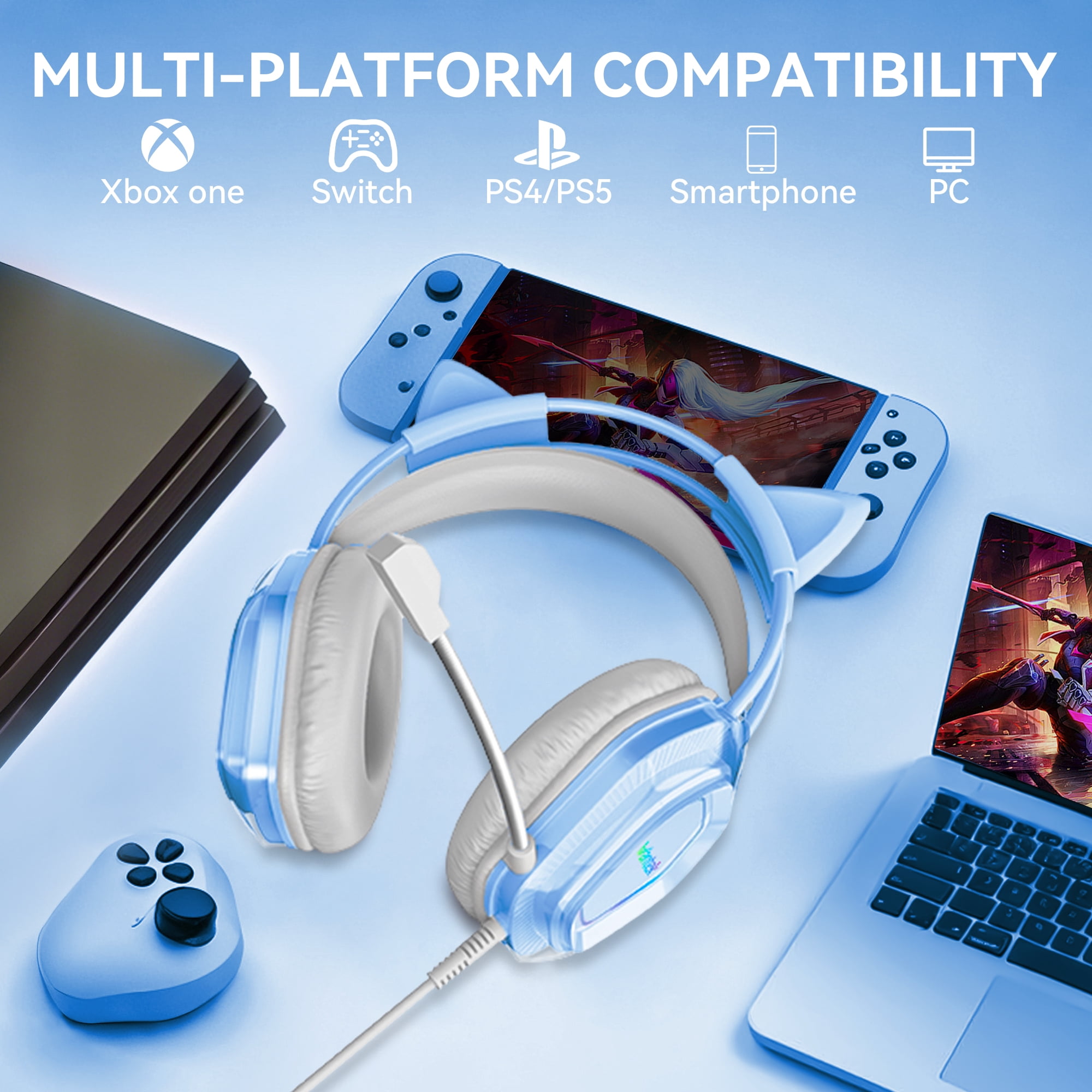 Wantek Gaming Headsets, Surround Stereo Gaming Headphones with Noise Cancelling Mic, LED Lights & Soft Memory Earmuffs for PS5/ PS4/ Xbox One/Nintendo Switch/PC Mac Computer Games- Blue