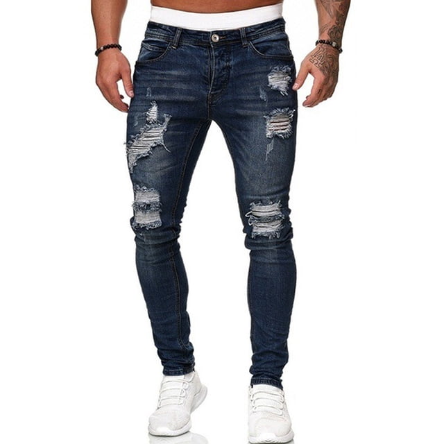 Fortune Men Stretch Skinny Ripped Jeans Ripped Trousers Distressed Denim Pants