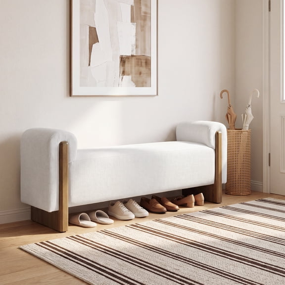55" White Upholstered Entryway Bench with Walnut Base & Armrests, Linen Shoe Bench for Hallway
