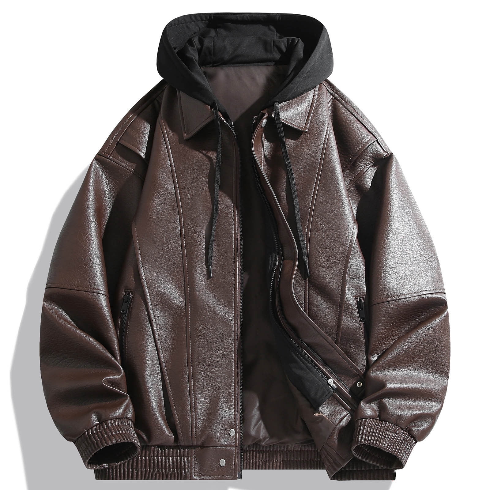 Wuxian Mens Casual Leather Jacket Slim Fit Full Zip Up Stand Collar Long Sleeve Lightweight Motorcycle Style Outerwear Coat With Pockets Stylish Cozy Streetwear,Coffee,M