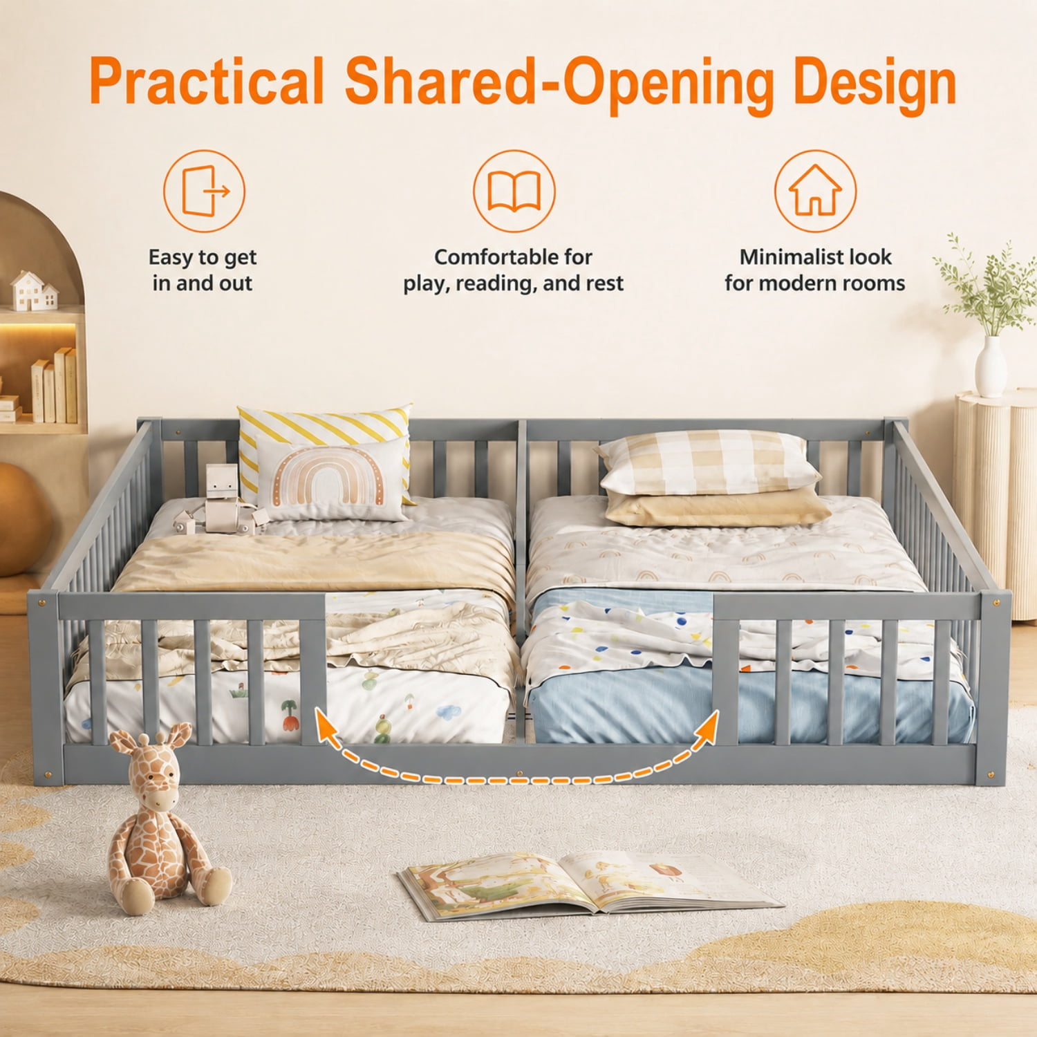 Miniyam Double Twin Floor Bed for Kids, Wood Bed Frame with Guardrails, Low Profile Design, Gray