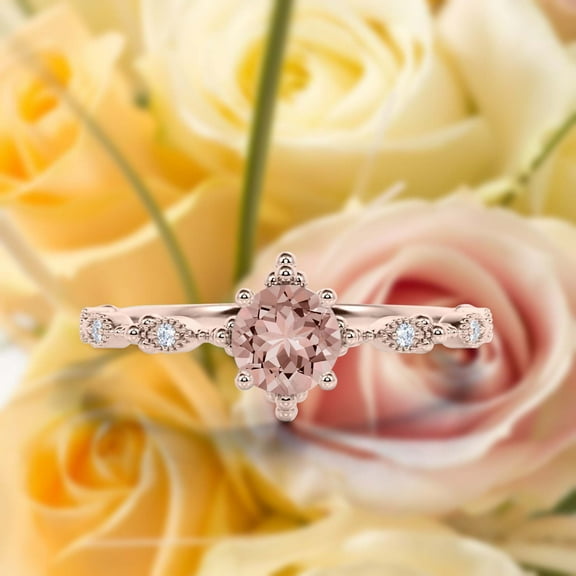 Antique Dazzling Boho & hippie 1.25 Carat Round Cut Morganite And Diamond Moissanite Unique Engagement Ring, Wedding Ring in10k Solid Rose Gold, Affordable Gift, Promise Ring, Anniversary Gift