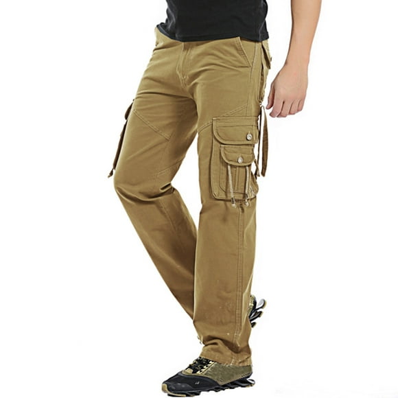 Long Pants For Men Men's Outdoor Trendy Casual Large Multi Pocket Loose Tooling Wearable Elastic Mountaineering Trousers Khaki L JE