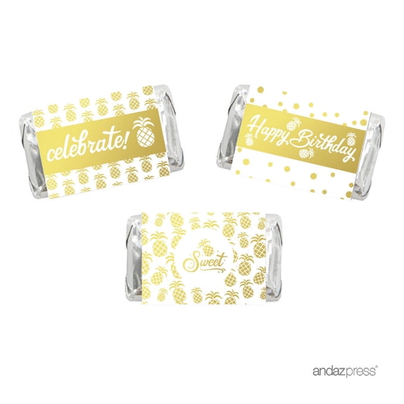 Gold Ink Pineapple Party, 36-Pack Birthday Hershey's Miniatures Chocolates Favors Labels Stickers