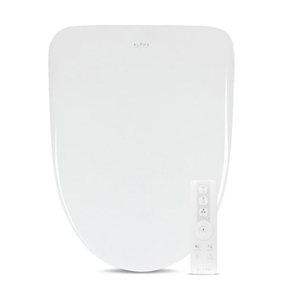Asiento de inodoro para bidé ALPHA BIDET iX Pure en blanco alargado | Perfil ultrabajo | Agua tibia sin fin | Boquilla arqueada de acero inoxidable | Luz nocturna LED azul | Secadora