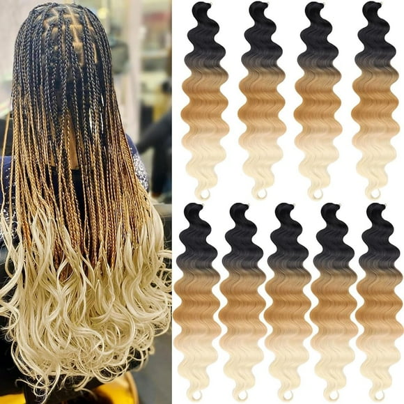 shiyou-Sajoo 9 Packs 24 Inch Body Wave Braiding Hair Ombre 3 Tones Pre-Feathered Bouncy French Curl Braiding Hair Synthetic Hair Extensions for Boho Box Braids(1B/27/613)