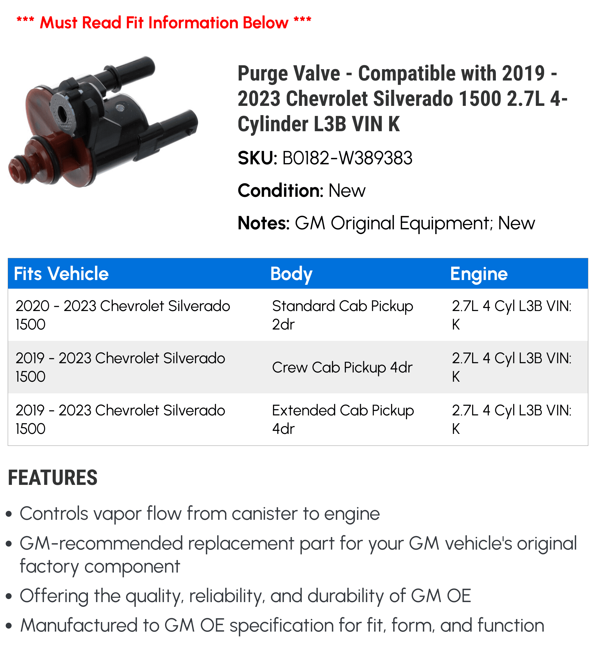 Purge Valve - Compatible with 2019 - 2023 Chevrolet Silverado 1500 2.7L 4-Cylinder L3B VIN K - AC Delco