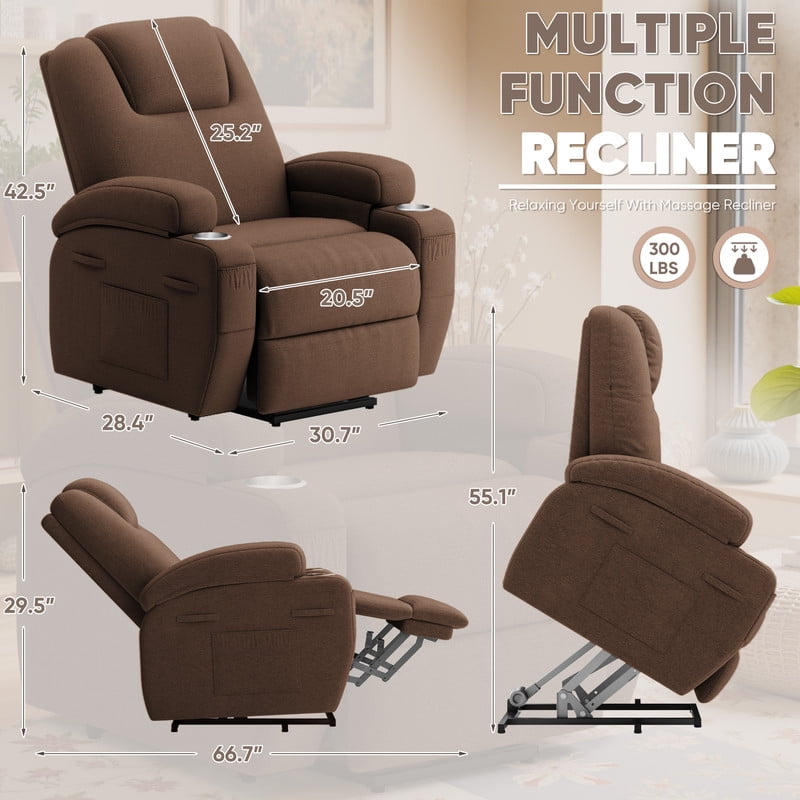Homall Power Lift Recliner Chair with Massage for Living Room Recliner Chair for Elderly with Infinite Position Side Pocket and Saucer,Linen Brown