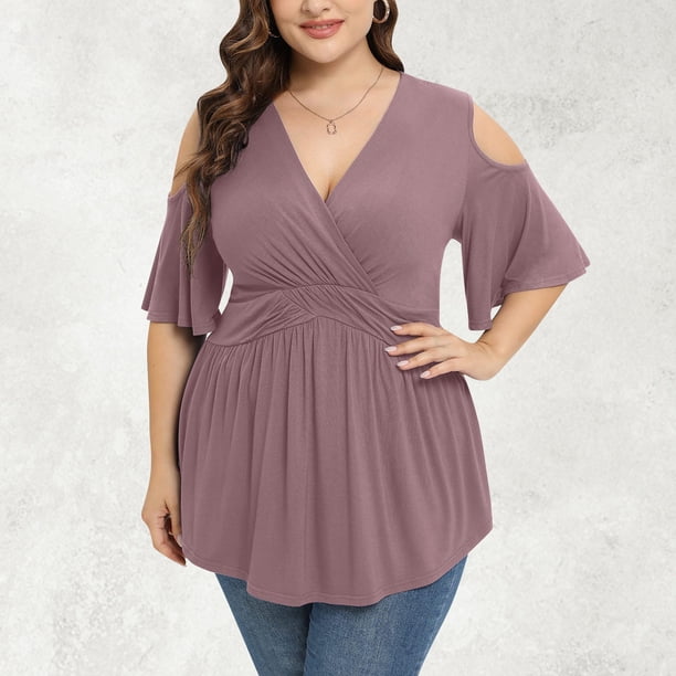 Fiudx Ofertas y Liquidaciones Moda de Mujer Color Vendido Cuello En V Bajo La Cintura Cómoda Camiseta Suelta Blusa de Manga Corta Tops Casuales