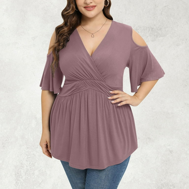 Summer Saving Wycnly Womens Tops Dressy Casual Empire Waist Plus Size Swing Cold Shoulder Tunic Shirts Floral Print V Neck Short Sleeve Summer