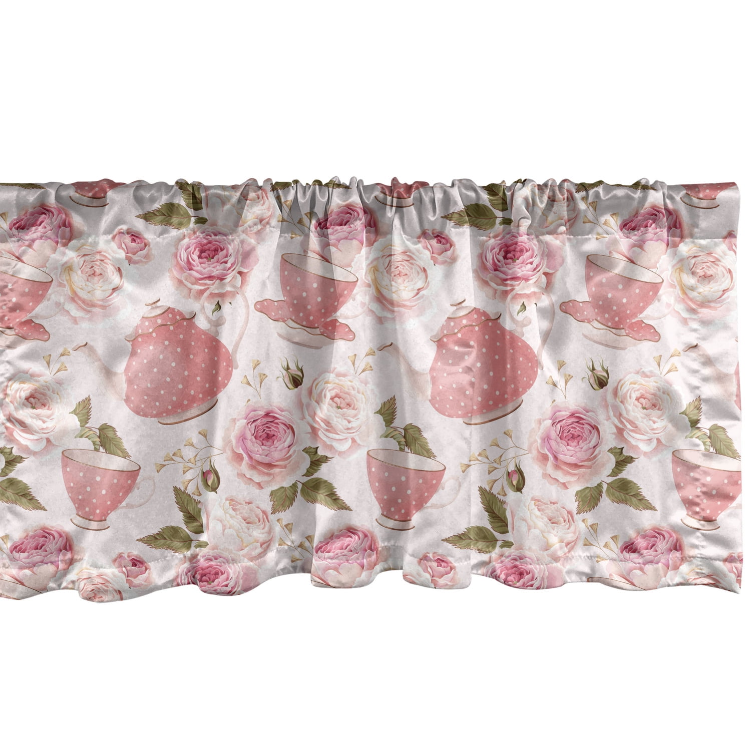 Pink Vintage Look Teacup Dishes 42"W 15"L  Curtain Valance Cotton Shabby Chic