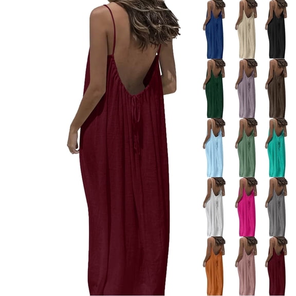 Elvqul House Dress for Women Plus Size Summer Beach Cami Dress Sleeveless Pull On Solid Color Low Back Womens Housedress Roundneck