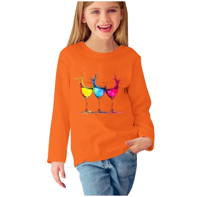 T-shirts à Manches Longues pour Bébés et Tout-Petits, Blouses à Col Rond à Manches Longues & Chemises pour Filles, Chemises Imprimées à Manches Longues, Hauts Mignons à Col Rond, Blouses Décontractées Habillées, Vêtements Orange 4 Ans