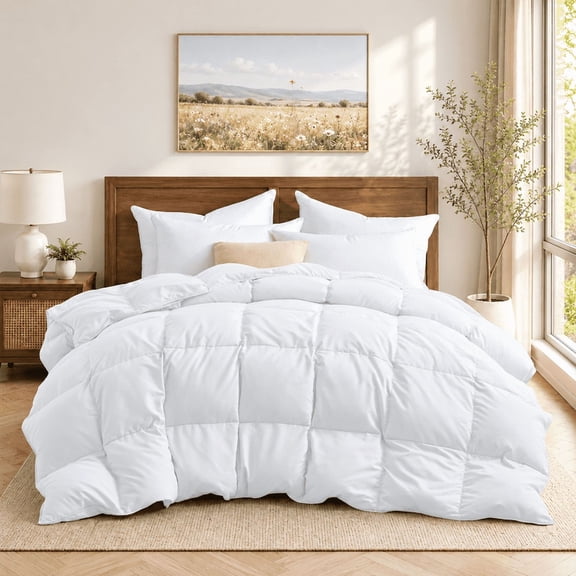 Unikome All Season Goose Down Feather Fiber Comforter with Natural Filling, Soft & Breathable Lightweight Duvet Insert, Machine Washable,Twin 68 x 88 Inch,White