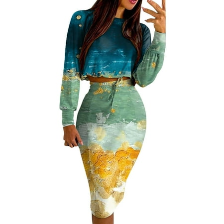 Baqcunre Fall Dresses Ladies Two Piece Formal Suit Top And Checker Print Drawstring Shirred Skirt Set Sexy Elegant Skirt Set Dress For Women Bodycon Dresses For Women Yellow Dress XL