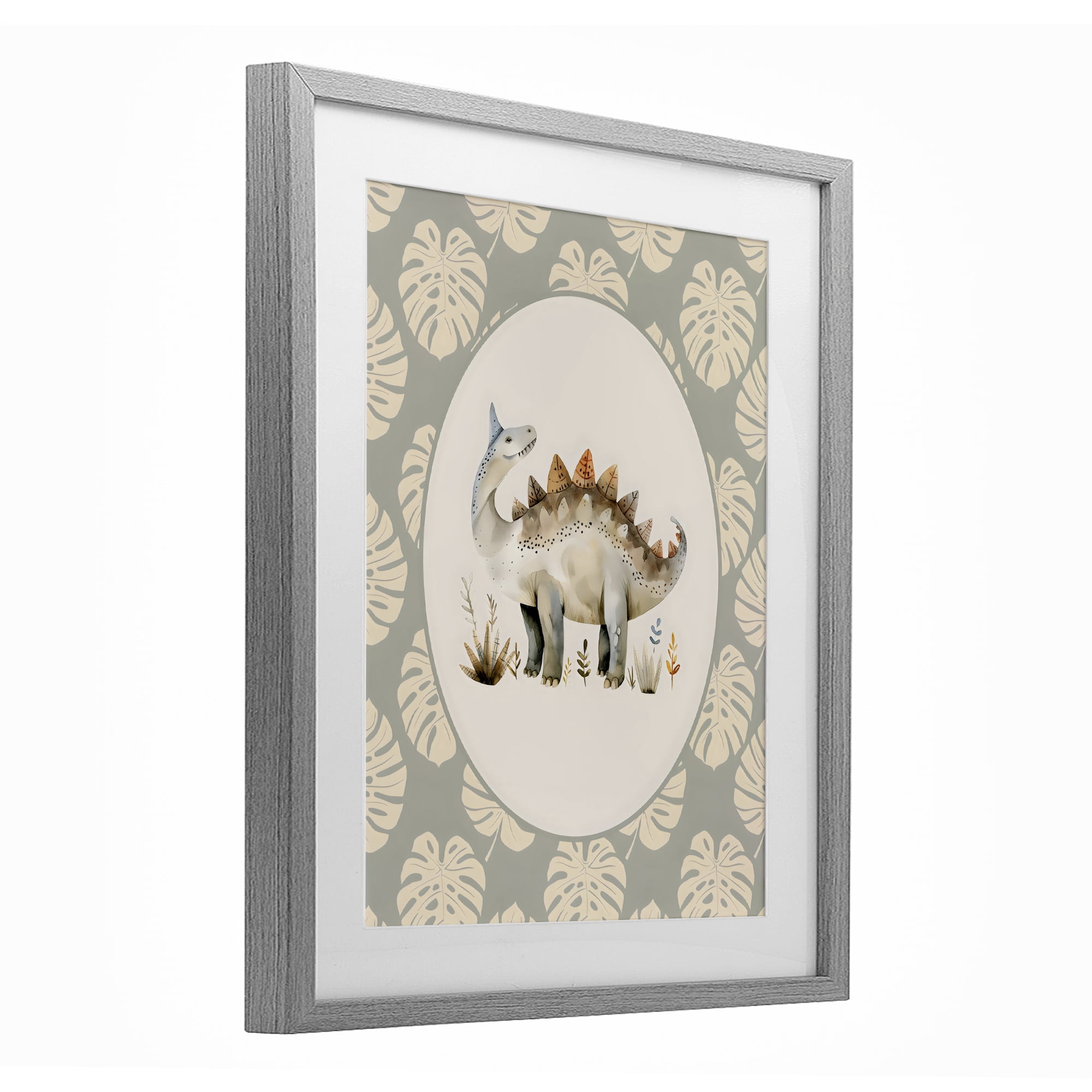 Stupell Industries Watercolor Dinosaur Monstera Border Gray Framed Print Under Glass, design by LSR Design Studio