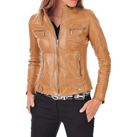 New Women's Tan Leather Motorcycle Biker Jacket 100% Genuine Soft Lambskin W666