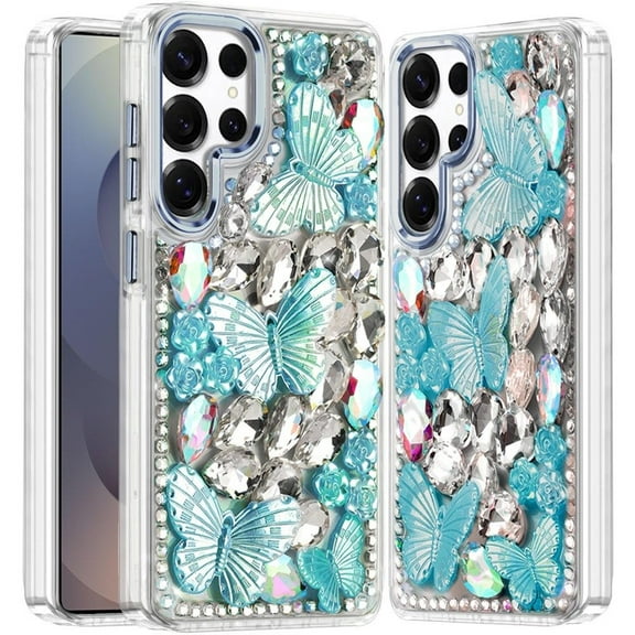For Samsung s25 Ultra Lavished Floral Butterfly Bling Stones Hybrid Case - Blue