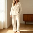 thumbnail image 2 of Women's Ribbed Knit Lounge Set 2 Piece Outfits Button Pajamas SetsLong Sleeve Top and Pants, Matching Paj, 2 of 8