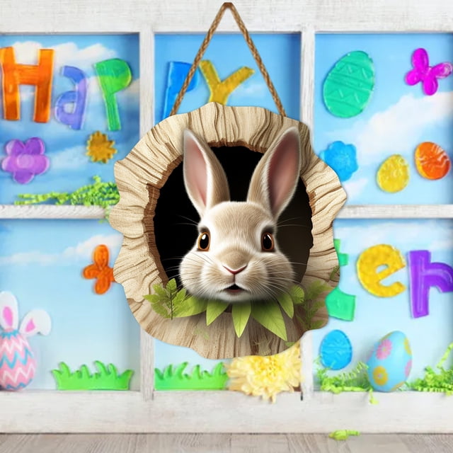 ONFD Easter Bunny Rabbit Hole Door Sign Rustic Wooden Easter Decor For Festive Home & Party Entrance 30x30cm 5