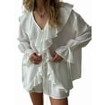 thumbnail image 3 of Two Piece Sets for Women Long Sleeve Peplum Lace Trim Chiffon Shirt Wide Leg Short Pants Vacation Travel Outfits White L, 3 of 9
