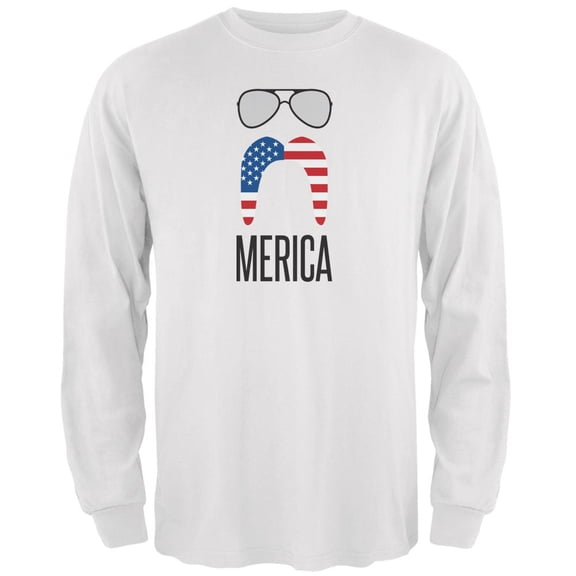 4th of July Merica Sunglasses and Mustache White Adult Long Sleeve T-Shirt - Medium