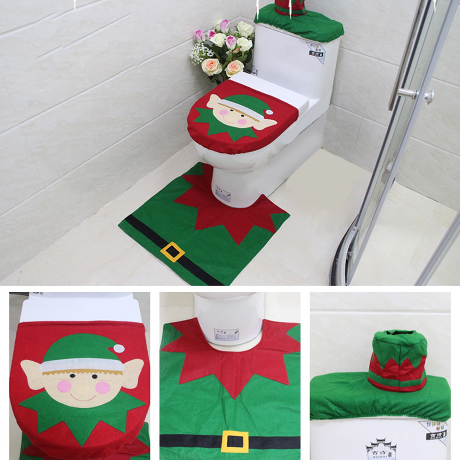 Christmas Toilet Lid Carpet Seat Cover Set Santa Home Decor Bathroom Rug 3 PCs 