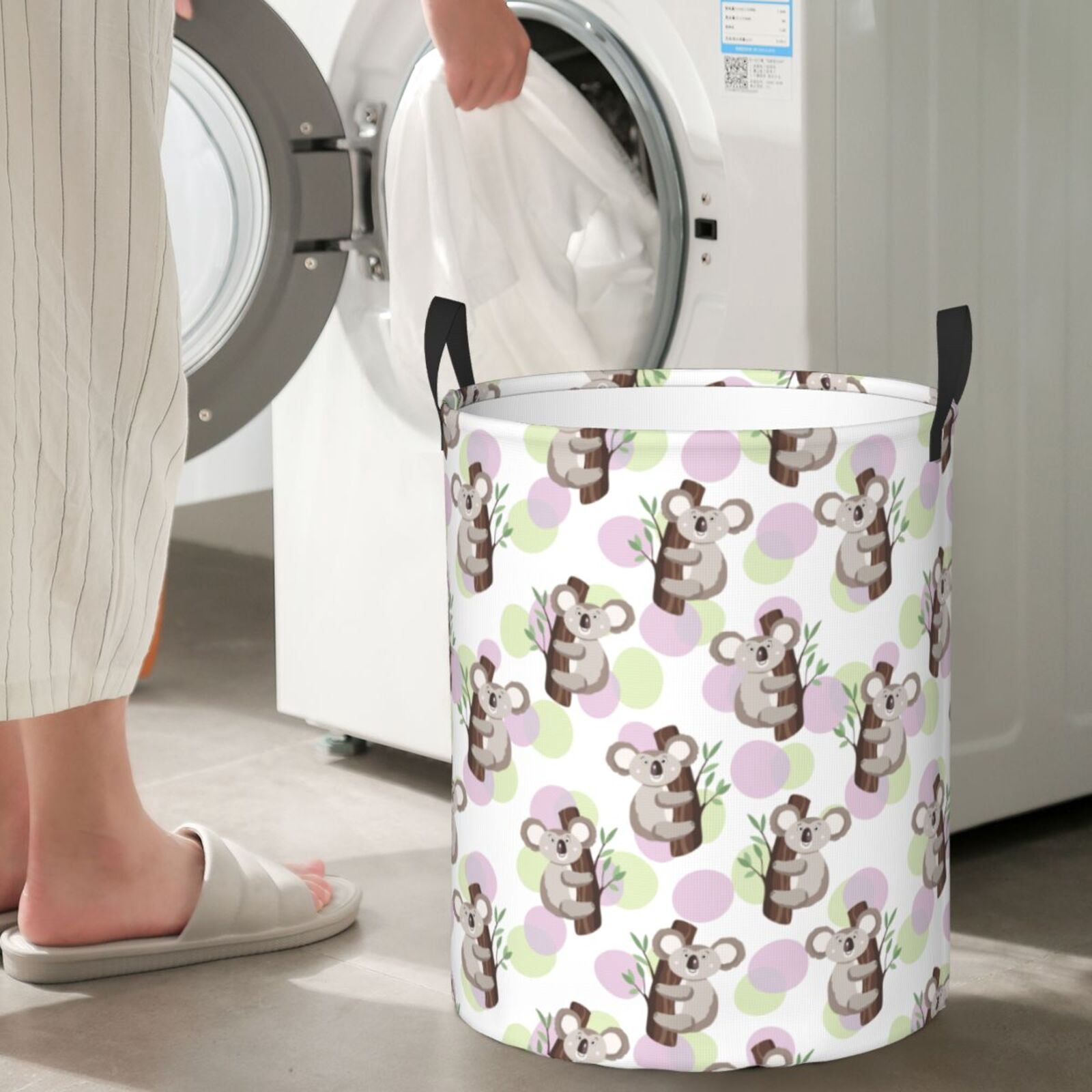 Large Laundry Basket with Handles - Green Purple Dot Koala Kids Baby Dirty Clothes Laundry Hamper for Bedroom Aesthetic