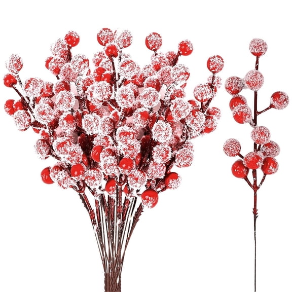 HYG 20 Pcs Christmas Berry Picks 8" Artificial Snowy Red Berries Branches Fake Holly Ornaments for Christmas Tree Vase Table Fireplace Wreaths Garland DIY Crafts Holiday Decor