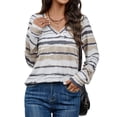 thumbnail image 6 of Hibeli Women Color Striped Print V Neck Long Sleeve Lightweight Loose Tops, 6 of 7