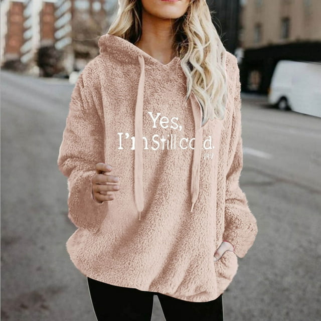 Amzcrzy Fleece Jacket Women Women Fall and Winter Solid Color Long Sleeve Warm Wool Pockets Drawstring Hooded Sweatshirt Womens Fleece Jacket Winter Jackets for Women Jackets for Women