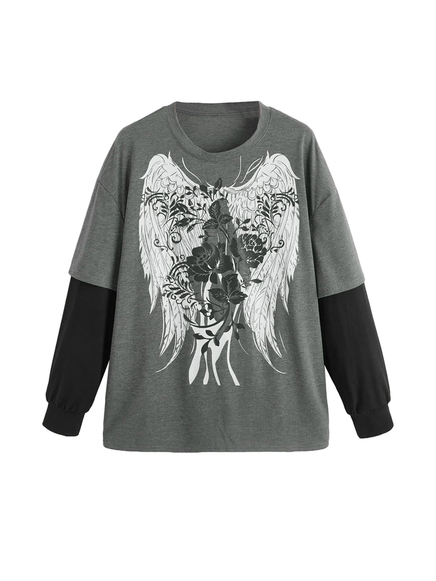 Women Gothic Fake-Two Piece Shirt Y2K Vintage Graphic Long Sleeve Grunge  Tops Fall Spring Teen Girl Alternative Clothing 