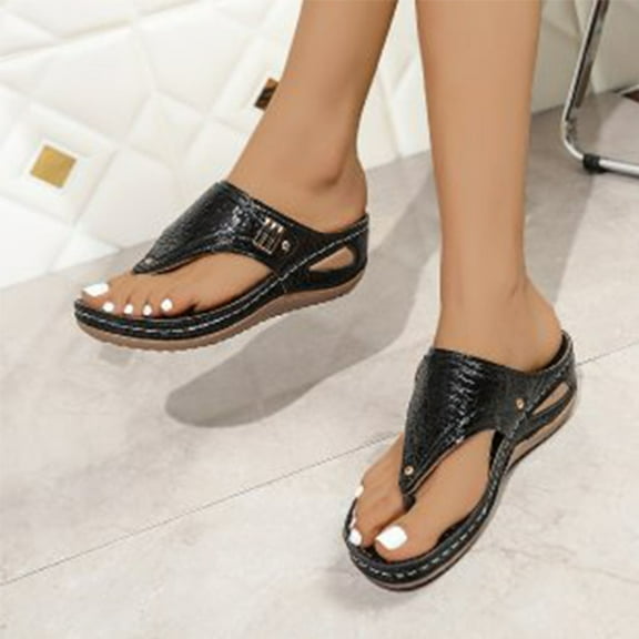 THDHVS Wedge Sandals for Women,Sandals Women,Women's Fashion Casual Summer Open Toe Retro Solid Color Sandals Hollow One-Line Wedge Heel Slippers Black 5.5