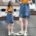 thumbnail image 4 of LYMAYTER Kids Girls Denim Skort Elastic High Waist Solid Ruffle Hem Regular Fit Casual Short Skirt 5-14Y, 4 of 8
