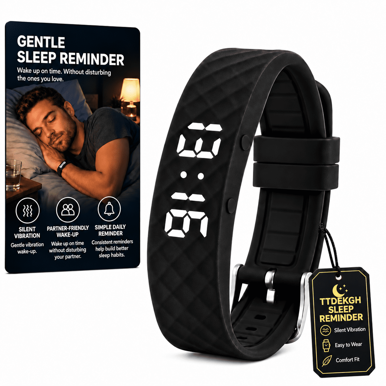 Silent Vibrating Alarm Clock Wristband for Heavy Sleepers, Wearable Vibration Watch for Deaf & ADHD, 8 Alarms, Countdown Timer, Pedometer & Sleep Tracker, Partner-Friendly Wake Up Bracelet