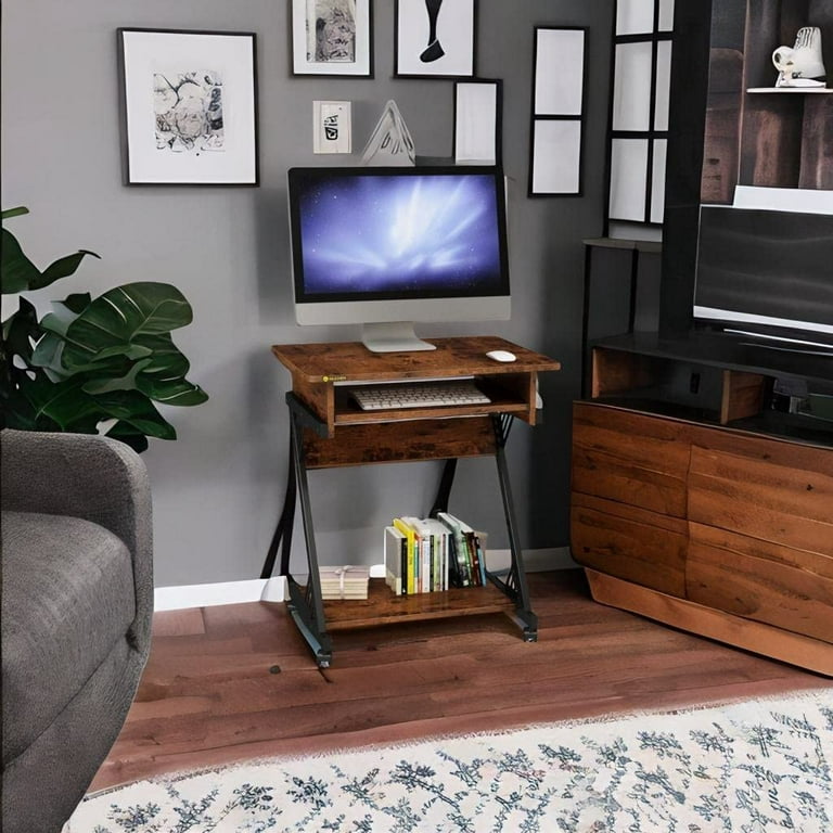 ZERDER Small Computer Desks with Power Outlet, Z-Shaped Home Office Desks  for Small Space, Compact Study Desk with Keyboard Tray and Casters,  Computer