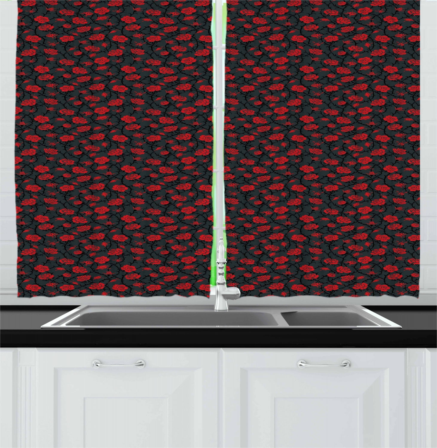Red And Black Curtains 2 Panels Set Romantic Vintage Roses Illustration Old Fashioned Victorian Art Window Drapes For Living Room Bedroom 55w X 39l