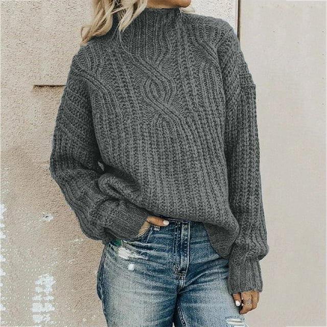 Frostluinai Turtleneck Sweater Women Oversized Long Sleeve Cable Knit Sweaters Drop Shoulder Loose Fit Knit Pullover Solid Color Fall Sweaters