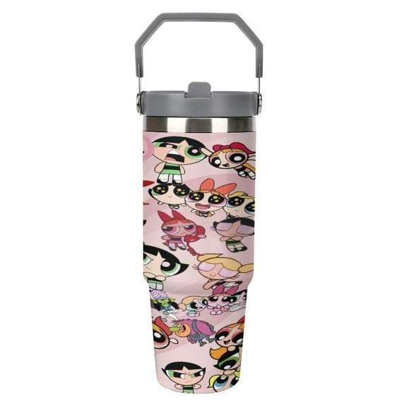 30oz Powerpuff Girls Tumbler with Handle and Straw, Stainless Steel Insulated Coofee Mug Gifts for Women Men