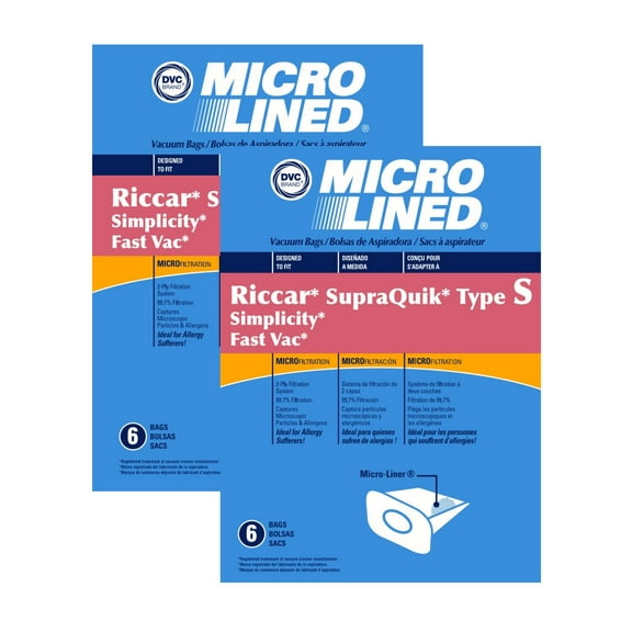 DVC Micro-Lined Paper Replacement Bags Type S Fit Riccar, SupraQuick, Simplicity models, 12 Bags