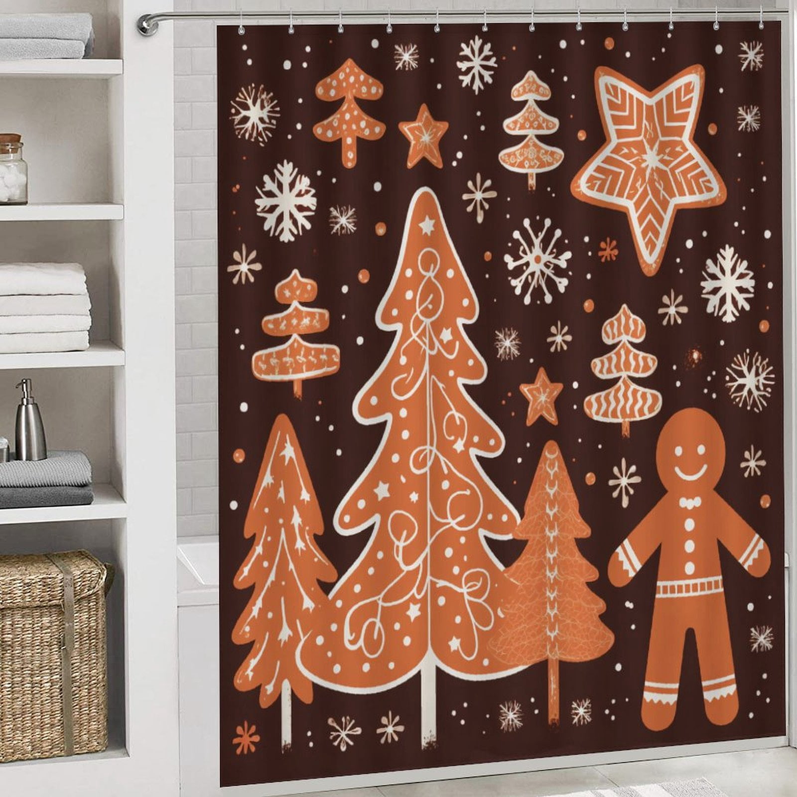 Ginger Christmas Tree 4 Pcs Bathroom Shower Curtain Set, Bathroom Sets with Rugs (Bath Mat, U Shape and Toilet Lid Cover Mat) and 12 Hooks,