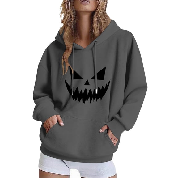 Riecok Halloween Hoodies for Women Pumpkin Print Hooded Pullover Long Sleeve Spooky Season Sweatshirt Casual Outfit with Pocket