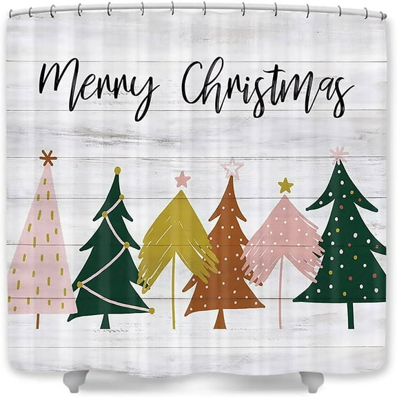 Modern Christmas Shower Curtain, Watercolor Cute Pine Tree On Rustic Wood Holiday Assessory Set for Kids Bathroom, Waterproof Merry Christmas Fabric Cloth Curtain , Hooks Included
