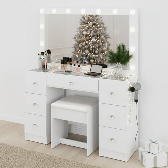 Chantal Pro Modern Vanity Set 9 Drawers Cabinet Mirror Crystal Ball Knobs White Painted for Bedroom