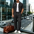 thumbnail image 2 of Mens 2 Piece Linen Set Summer Beach Button Down Short Sleeve Work Shirt Long Pant Vacation Casual Outfit Size 3XL Black, 2 of 6