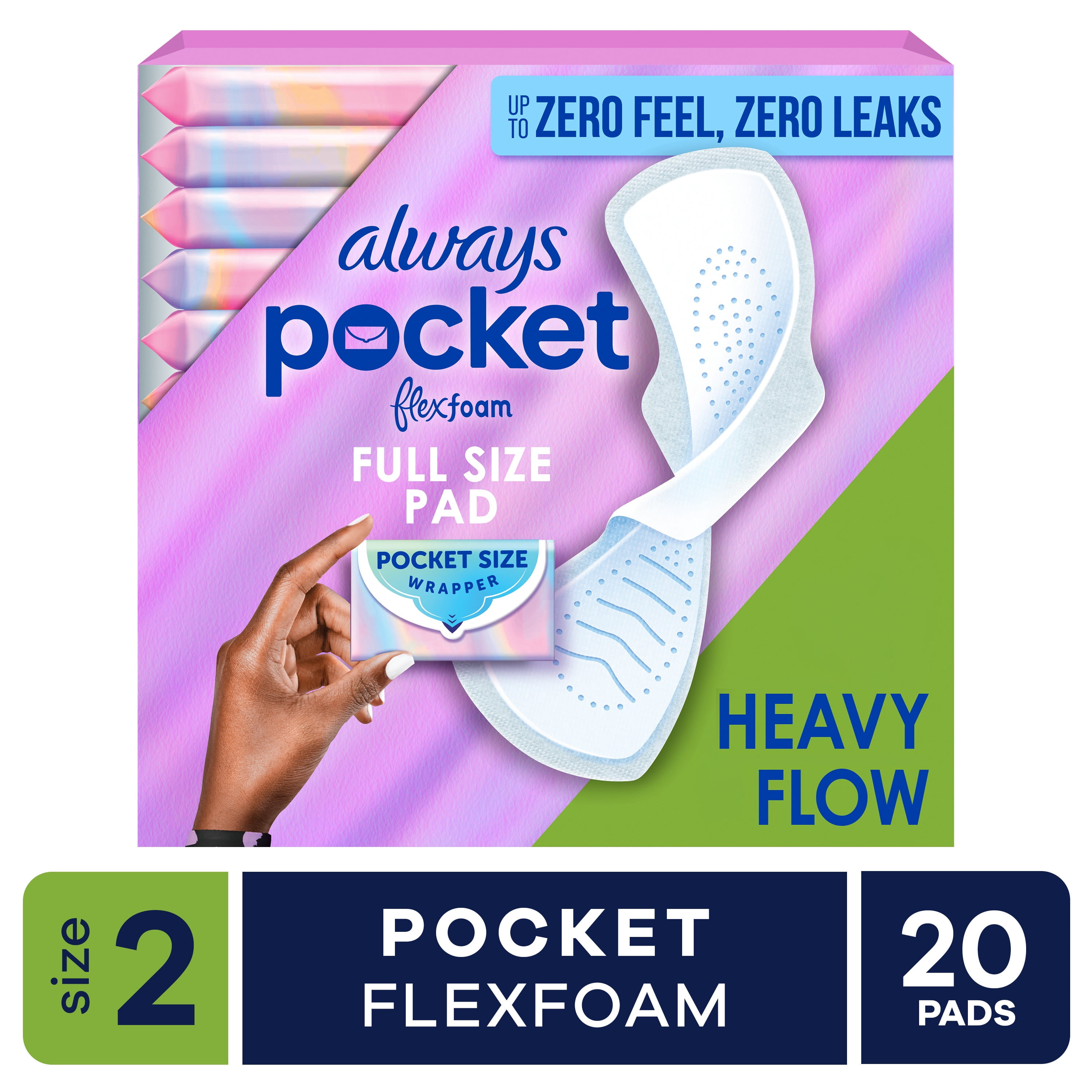 (3 pack) Always Pocket with FlexFoam Pads, Size 2, Heavy Flow, Wings, 20 Count