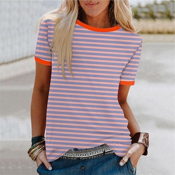 Fiudx Ofertas Del Día Blusas Estampadas a Rayas Informales para Mujer, Top de Cuello Redondo de Manga Corta con Retazos