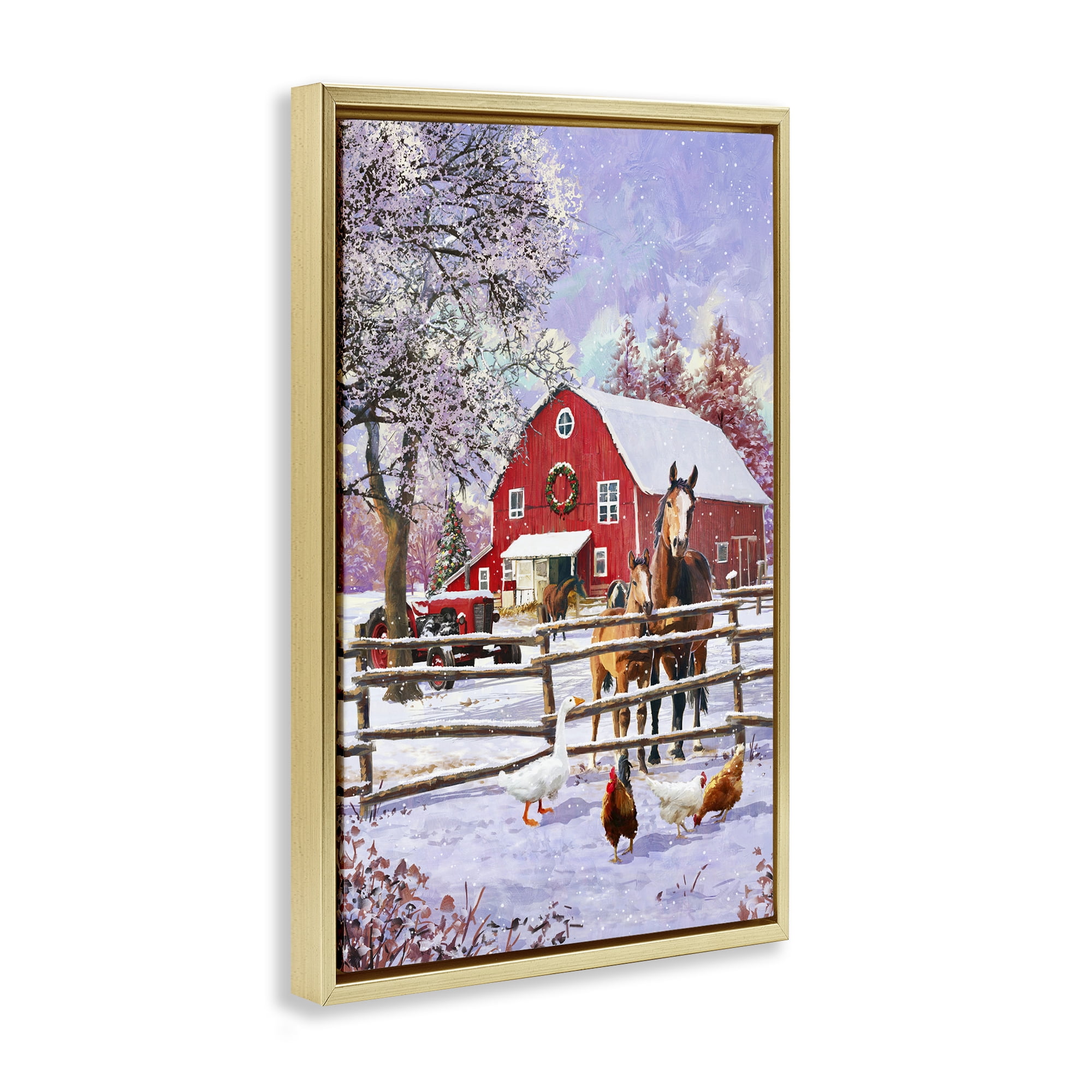 Stupell Industries Winter Farm Scene Holiday Painting Gold Floater Framed Art Print Wall Art, 17 x 25