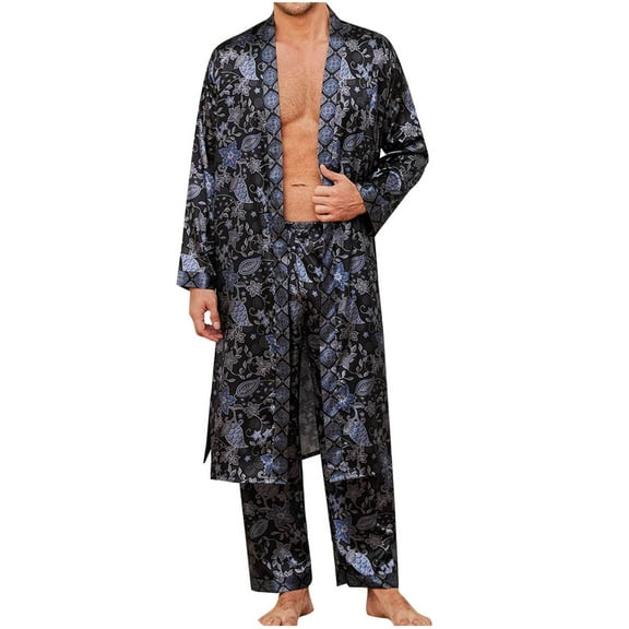 Oplxuo Men's Satin Robe Silky Pajamas Sets Kimono Bathrobe Long Pants 2 Piece Long Sleeve Luxury Printed Lightweight Loungewear