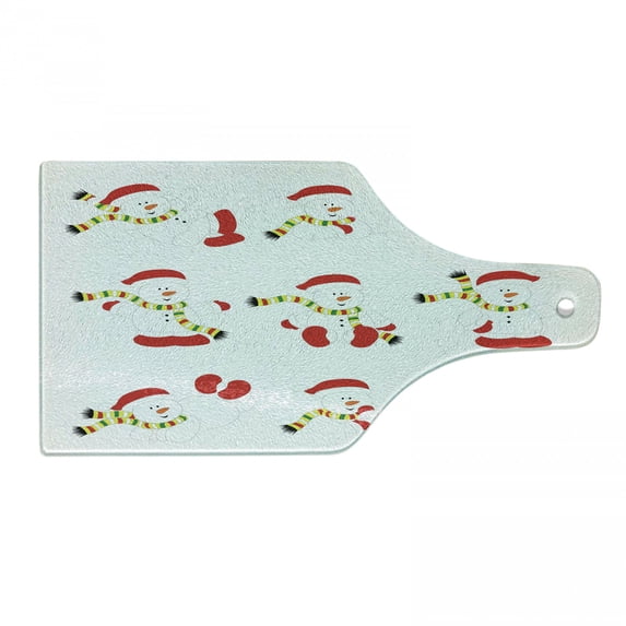 Christmas Cutting Board, Snowman with Scarf Different Funny Poses Noel Festivities Themed Motifs, Decorative Tempered Glass Cutting and Serving Board, Wine Bottle Shape, Red White Green, by Ambesonne